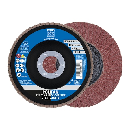 Pferd 4-1/2" x 7/8" A.H. POLIFAN Flap Disc - A SG STEELOX, Aluminum oxide, 80 Grit, Flat 62154